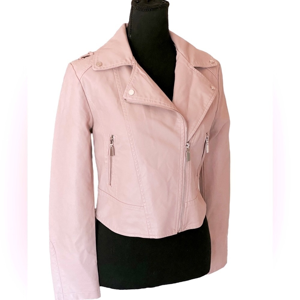 ZOLA FSLR Pink Faux Leather Cropped Moto Jacket “Southside Serpents” Cut…